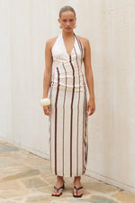 Load image into Gallery viewer, Alva Halter Faux Wrap Maxi Dress - Sand/Chocolate Stripe
