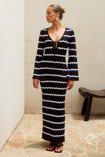 Load image into Gallery viewer, Sofia Long Sleeve Knit Maxi Dress - Chocolate/Blue/White
