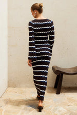 Load image into Gallery viewer, Sofia Long Sleeve Knit Maxi Dress - Chocolate/Blue/White
