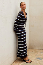 Load image into Gallery viewer, Sofia Long Sleeve Knit Maxi Dress - Chocolate/Blue/White
