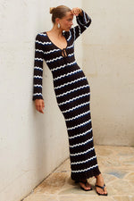 Load image into Gallery viewer, Sofia Long Sleeve Knit Maxi Dress - Chocolate/Blue/White
