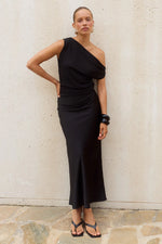 Load image into Gallery viewer, Mila Off Shoulder Cowl Maxi Dress - Black
