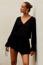 Load image into Gallery viewer, Samantha Ruffle V-Neck Mini Dress - Black
