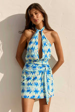 Load image into Gallery viewer, Virelli Halter Wrap Mini Dress - Virelli Blue Multi
