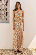 Load image into Gallery viewer, Marisa One Shoulder Maxi Dress - Orange Blue Plaid
