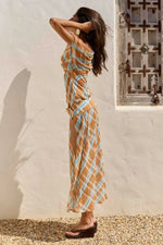 Load image into Gallery viewer, Marisa One Shoulder Maxi Dress - Orange Blue Plaid
