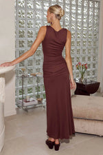 Load image into Gallery viewer, Elin Draped Twist Midi Dress - Espresso
