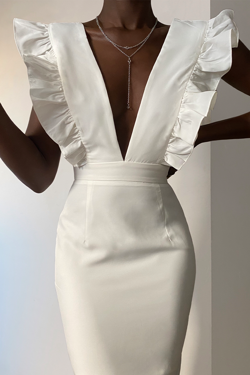 Frill Plunge Midi Dress - White