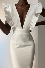Load image into Gallery viewer, Frill Plunge Midi Dress - White
